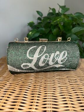Green Crystal 'Love' Rhinestone Bag - Gold Hardware with attachable strap NWOT